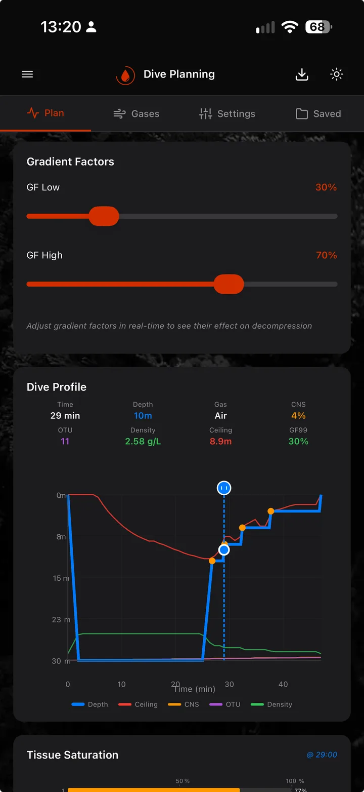 Erebus technical dive logging screen